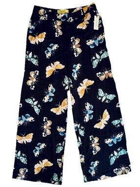 Anthropologie Sarah Gordon Wide Leg Pants Black Moth Butterfly Print Size 6 NWT